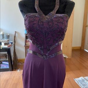 Nadarine purple formal prom dress, halter top.